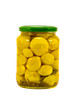 potted yellow pattypan squash in glass jar