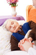 Elderly lonely woman rests in the bed