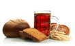 tankard of kvass and rye breads with ears, isolated on white