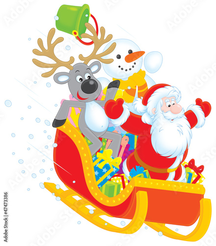 Illustration: Santa, Reindeer and Snowman with gifts Santa, Reindeer and Snowman with gifts