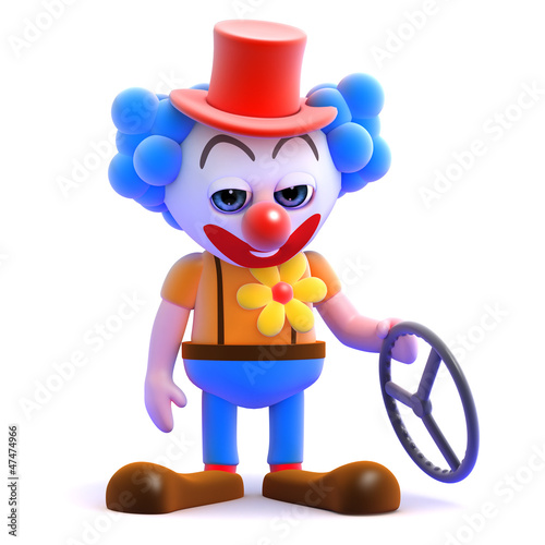 Illustration: Clown holds the remains of his car Clown holds the remains of his car