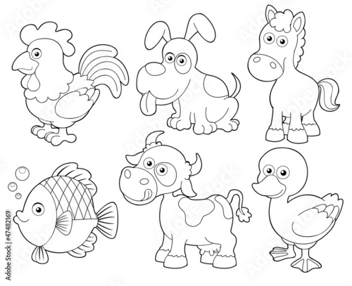 Vector: illustration of farm animals cartoon.Coloring book illustration of farm animals cartoon.Coloring book