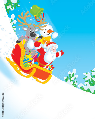 Illustration: Santa, Reindeer and Snowman with gifts Santa, Reindeer and Snowman with gifts