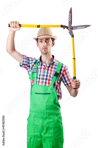 Photo: Man gardener with shears on white Man gardener with shears on white