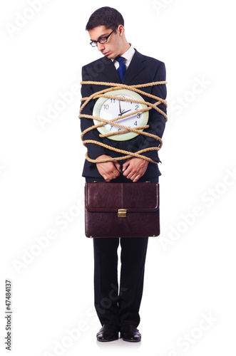 Photo: Businessman tied up with rope on white Businessman tied up with rope on white