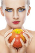 young woman close up with big red apple