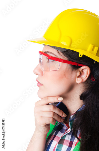 Photo: Female construction worker isolated on white Female construction worker isolated on white