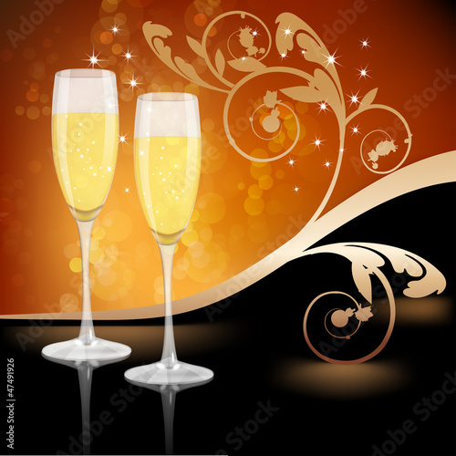 Vector: Glass of champagne with ornament leaves Glass of champagne with ornament leaves