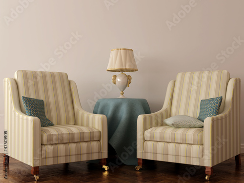 Illustration: Two classic chair and table with lamp Two classic chair and table with lamp