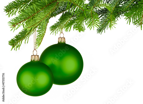 Photo: Zwei grüne Christbaumkugeln hängen am Tannenzweig Zwei grüne Christbaumkugeln hängen am Tannenzweig