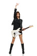 Expressive woman screaming while playing the guitar