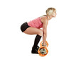 strong young woman with barbell isolated