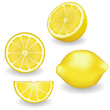 Fresh, natural lemons, four views: whole, half, slice, wedge.