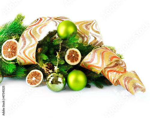 Photo: Christmas and New Year Decorations with Baubles and Ribbon Christmas and New Year Decorations with Baubles and Ribbon