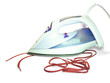 An iron standing over two shoelaces.