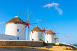 Windmills with blue sky Mykonos Island Greece Cyclades Windmills with blue sky Mykonos Island Greece Cyclades