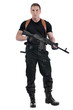 Police officer is holding Kalashnikov