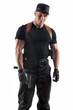 Police officer with gun is looking on you