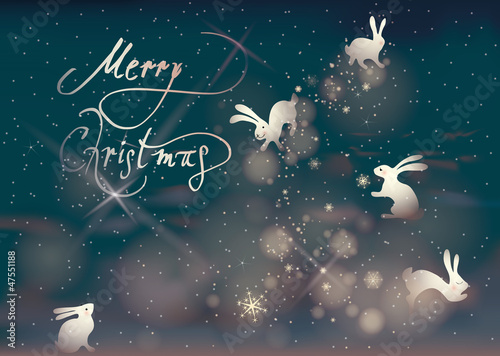 Vector: Merry Christmas / Rabbits make snowflakes on the night sky Merry Christmas / Rabbits make snowflakes on the night sky