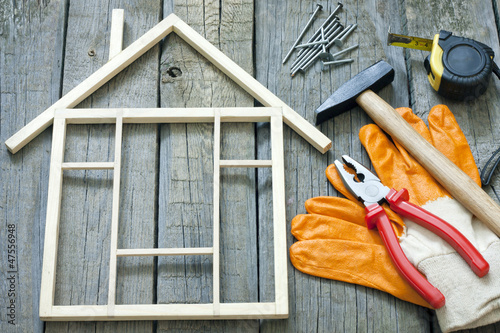 Photo: House construction renovation abstract background and tools House construction renovation abstract background and tools