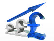 Conceptual 3D blue glass dollar symbol with arrow pointing up
