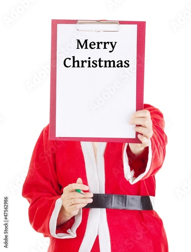 Photo: Female santa showing something on clipboard Female santa showing something on clipboard