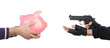 Robber with gun taking piggy bank from victim