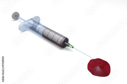 Illustration: Closeup of a disposable syringe and large blood stain 3d concept Closeup of a disposable syringe and large blood stain 3d concept