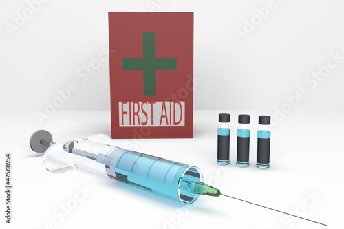 Illustration: first aid box and syringe filled with a vaccine and ampoules 3d first aid box and syringe filled with a vaccine and ampoules 3d