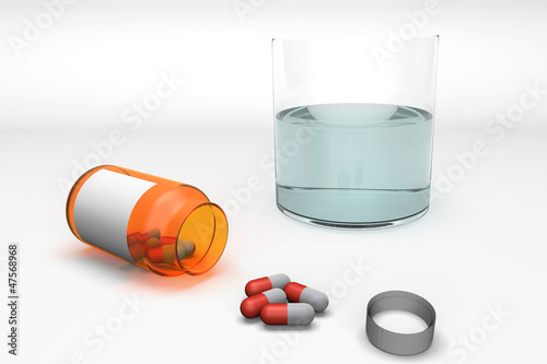 Illustration: Pills spilling out of pill bottle and glass of water 3d on white Pills spilling out of pill bottle and glass of water 3d on white
