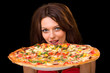 young woman eating pizza