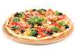 Tasty pizza with vegetables, chicken and olives isolated