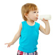 cute little boy with bottle of milk, isolated on white