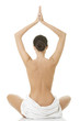 Young beautiful nude woman with towel practicing zoga