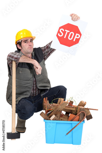 Illustration: Builder urging you to recycle Builder urging you to recycle