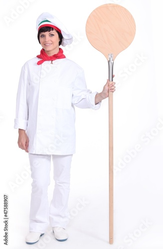 Photo: Woman pizza maker on white background Woman pizza maker on white background