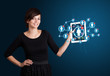 young woman holding tablet with social network icons