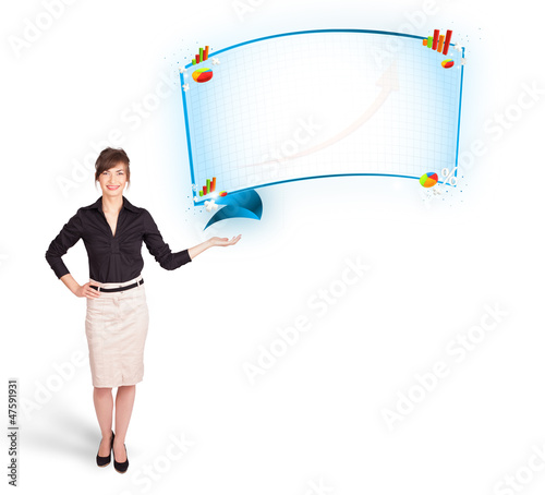 Photo: Young woman presenting abstract copy space with graphs and diagr Young woman presenting abstract copy space with graphs and diagr