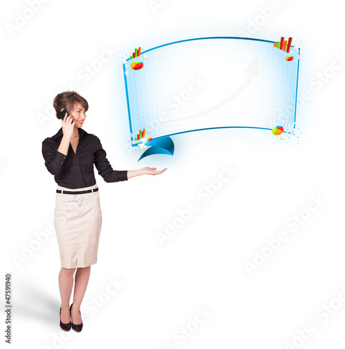 Photo: Young woman presenting abstract copy space with graphs and diagr Young woman presenting abstract copy space with graphs and diagr