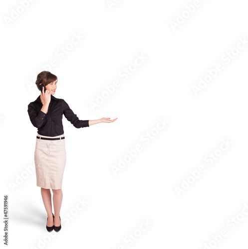 Photo: young woman presenting white copy space young woman presenting white copy space