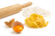 fettuccine, eggs, flour and wooden rolling pin