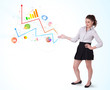Young business woman presenting colorful charts and diagrams