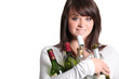 young woman holding empty wine bottles