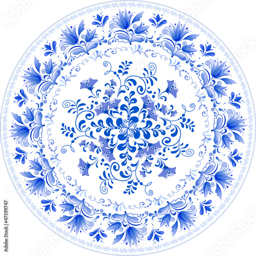 Vector: Russian national floral patternon plate in gzhel style Russian national floral patternon plate in gzhel style