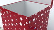 Red gift box with blue ribbon opening. Silver star