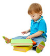 cute little boy with books, isolated on white