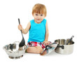 cute little boy with kitchen accessories, isolated on white