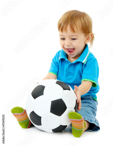 Photo: cute little boy with football ball, isolated on white cute little boy with football ball, isolated on white