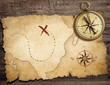 aged brass antique nautical compass on table with old treasure m