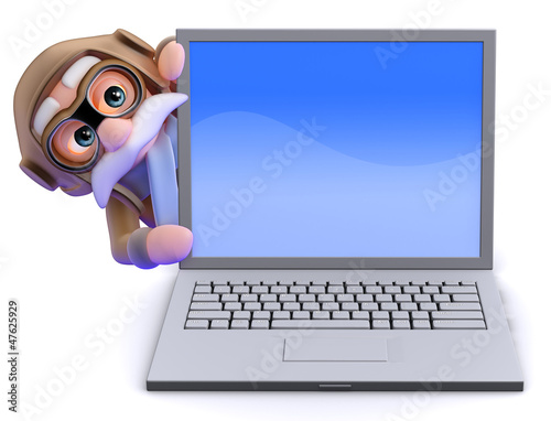Illustration: Pilot leans out from behind laptop Pilot leans out from behind laptop